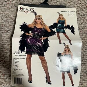 Charades Sequin Flapper Halloween Costume Purple and Black Boa- Size Large